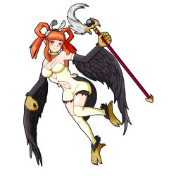 Rule 34 | 1girl, animal hands, bare shoulders, black wings, blush, breasts, claws, clothing cutout, commentary request, duel monster, feathered wings, feathers, hair rings, harpie channeler, harpy, highres, holding, holding staff, large breasts, long hair, may chan 0, monster girl, navel, navel cutout, orange eyes, orange hair, pointy ears, simple background, solo, staff, talons, thighhighs, twintails, white background, white thighhighs, winged arms, wings, yu-gi-oh!