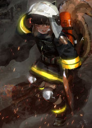 Rule 34 | 1girl, absurdres, animal ears, animal ears helmet, arknights, axe, black footwear, black gloves, brown eyes, brown hair, commentary request, fire helmet, firefighter jacket, firefighter, gloves, hand on forehead, helmet, highres, holding, holding axe, jacket, knee pads, long sleeves, looking at viewer, mo ne, open mouth, shaw (arknights), short hair, smoke, solo, sparks, squirrel girl, squirrel tail, tail