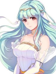 Rule 34 | 1girl, bare shoulders, blue hair, breasts, bride, cleavage, commentary, dress, elbow gloves, fire emblem, fire emblem: the blazing blade, fire emblem heroes, formal, gloves, hair ornament, jewelry, kokouno oyazi, large breasts, long hair, looking at viewer, necklace, ninian, nintendo, red eyes, sidelocks, simple background, smile, solo, strapless, strapless dress, wedding dress, white dress, white gloves