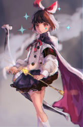 Rule 34 | 1girl, armband, arrow (projectile), bow, bow (weapon), brown eyes, brown hair, cape, commentary request, facial tattoo, hairband, highres, kneehighs, looking at viewer, nekoyashiki pushio, red bow, ribbon, short hair, skirt, socks, solo, standing, tattoo, terra battle, weapon, white socks, yukken (terra battle)