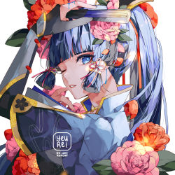 Rule 34 | 1girl, armor, ayaka (genshin impact), blue eyes, blue hair, blunt bangs, breastplate, breasts, camellia, collarbone, commentary, eyebrows, finger to face, fingerless gloves, flower, from side, gauntlets, genshin impact, gloves, hair flower, hair ornament, hair ribbon, hair tubes, hand fan, hand up, harisen, head tilt, holding, holding fan, japanese clothes, kimono, long hair, looking at viewer, low twintails, mole, mole under eye, one eye closed, parted lips, pink flower, ponytail, red flower, ribbon, sidelocks, simple background, smile, solo, symbol-only commentary, teeth, twintails, white background, yeurei