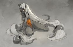 Rule 34 | 1girl, absurdly long hair, animal ears, bare shoulders, barefoot, breasts, brown eyes, cat ears, cat tail, cleavage, colored skin, dofus, full body, furry, furry female, gradient background, grey skin, highres, kittysuit, leotard, long hair, low twintails, nontraditional playboy bunny, playboy bunny, powal, silver hair, sitting, sketch, smile, solo, tail, thighs, twintails, very long hair, wakfu, xaxaxa, yokozuwari