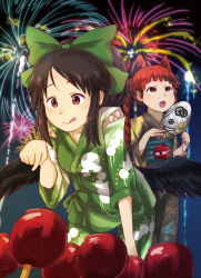 Rule 34 | 2girls, :q, animal ears, bow, braid, candy apple, cat ears, chii-kun (seedyoulater), hand fan, festival, fireworks, hair bow, japanese clothes, kaenbyou rin, kimono, long hair, multiple girls, paper fan, pointing, pointing finger, ponytail, red hair, reiuji utsuho, smile, tongue, tongue out, touhou, twin braids, uchiwa, water balloon, wings, yukata