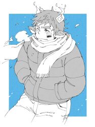 Rule 34 | 1boy, animal ears, bara, border, cold, cow ears, cow horns, draw two, facial hair, fiery horns, goatee, greyscale with colored background, horns, jacket, male focus, one eye closed, padded jacket, scarf, solo, tokyo houkago summoners, wakan tanka, white border