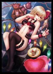 Rule 34 | 1girl, :p, babydoll, black thighhighs, blonde hair, bottomless, breasts, bridal garter, cake, chain, embodiment of scarlet devil, female focus, flandre scarlet, food, heart, heart-shaped pillow, legs, momoman (pink voltage), navel, no panties, aged up, pillow, ponytail, red eyes, short hair, side ponytail, solo, stuffed animal, stuffed toy, teddy bear, thighhighs, thighhighs pull, tongue, tongue out, touhou, underwear, underwear only, wings