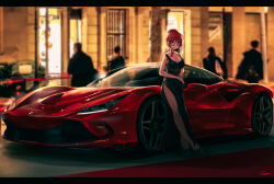 Rule 34 | 1girl, 4others, absurdres, black dress, blurry, blurry background, breasts, building, car, city, cleavage, dress, ferrari, ferrari f8 tributo, highres, large breasts, legs, motor vehicle, multiple others, night, nougat (73r1r1), on vehicle, original, outdoors, race vehicle, racecar, red eyes, red hair, round eyewear, sidelocks, sports car, vehicle focus
