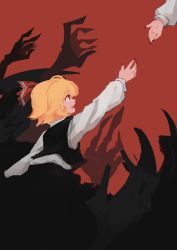 Rule 34 | 1girl, arm up, black vest, blonde hair, crying, crying with eyes open, fingernails, hair ribbon, highres, hyoutan tan, long sleeves, medium hair, nail polish, open mouth, outstretched arm, reaching, red background, red eyes, red nails, red ribbon, ribbon, rumia, sharp fingernails, shirt, solo focus, tears, touhou, upper body, vest, white shirt