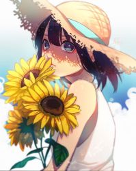 Rule 34 | 1girl, bad id, bad twitter id, beni (bn12x20), black hair, blue background, blue eyes, blue ribbon, closed curtains, commentary, dress, flower, gradient background, hair between eyes, hat, hat ribbon, highres, lips, original, ribbon, signature, solo, straw hat, sunflower, white background, white dress, yellow flower