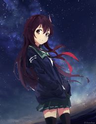 Rule 34 | absurdres, black thighhighs, blue jacket, chamu (chammkue), closed mouth, green sailor collar, green skirt, hair ornament, hand in pocket, highres, jacket, kantai collection, kisaragi (kancolle), long hair, looking at viewer, neckerchief, night, night sky, ocean, purple eyes, purple hair, red neckerchief, remodel (kantai collection), sailor collar, school uniform, shirt, skirt, sky, smile, thighhighs, white shirt, zettai ryouiki
