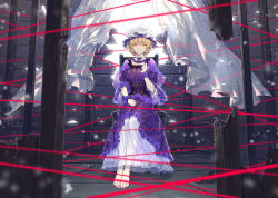 Rule 34 | 1girl, alternate costume, barefoot, blonde hair, bow, breasts, chair, curtains, dress, feet, frilled dress, frills, full body, hat, highres, indoors, long dress, long sleeves, looking at viewer, maribel hearn, medium breasts, mob cap, nail polish, purple dress, red nails, short hair, sitting, solo, toenail polish, toenails, toes, touhou, translucent, wide sleeves, window, wrist cuffs, yellow eyes, zounose