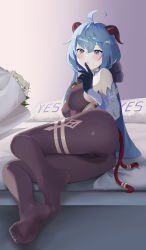 Rule 34 | 1girl, :o, absurdres, ahoge, bare shoulders, bed, bell, black leotard, black pantyhose, blue gloves, blue hair, blush, bodystocking, bodysuit, bouquet, breasts, cameltoe, covered erect nipples, detached sleeves, feet, finger to mouth, flower, ganyu (genshin impact), genshin impact, gloves, gold trim, highres, horns, leotard, leotard under clothes, long hair, looking at another, lying, medium breasts, neck bell, no shoes, on side, pantyhose, purple eyes, qingxin flower, rkin, sidelocks, soles, solo, tassel, thighlet, thighs, white flower, white sleeves, yes, yes-no pillow