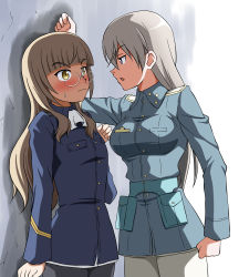 Rule 34 | 2girls, black legwear, blonde hair, blue eyes, blush, breasts, closed mouth, eila ilmatar juutilainen, glasses, hiro yoshinaka, kabedon, long hair, looking at another, medium breasts, military, military uniform, multiple girls, open mouth, pantyhose, perrine h. clostermann, silver hair, small breasts, strike witches, uniform, wavy mouth, white legwear, world witches series, yellow eyes, yuri