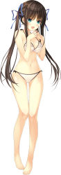 Rule 34 | 1girl, aqua eyes, ashishun, barefoot, bikini, blush, bow, bow bikini, breasts, brown hair, cameltoe, cleavage, closed eyes, fingers together, frilled bikini, frills, full body, gluteal fold, hair ribbon, halterneck, highres, knees together feet apart, long hair, medium breasts, navel, nervous smile, non-web source, official art, open mouth, primal hearts 2, pussy, ribbon, see-through, simple background, skindentation, smile, solo, standing, steepled fingers, swimsuit, tatebayashi tateha, twintails, very long hair, white background, white bikini