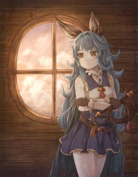 Rule 34 | 1girl, belt, blue hair, blue skirt, blush, breasts, brown eyes, brown gloves, cloud, commentary, cowboy shot, crossed arms, earrings, erune, ferry (granblue fantasy), gloves, granblue fantasy, high-waist skirt, highres, hikari niji, holding, holding weapon, holding whip, indoors, jewelry, long hair, looking away, medium breasts, neckerchief, parted lips, sailor collar, shirt, skirt, sky, sleeveless, sleeveless shirt, solo, standing, sunset, very long hair, weapon, white shirt, window, wooden wall