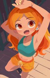 Rule 34 | 1girl, :d, armpit crease, armpits, arms up, bracelet, breasts, earrings, fang, foreshortening, from above, highres, jewelry, long hair, looking at viewer, looking up, midriff, navel, open mouth, orange eyes, orange hair, orange shorts, original, outdoors, shorts, skin fang, small breasts, smile, solo, sports bra, takarai shunsuke, yellow nails