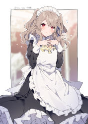 Rule 34 | 1girl, apron, ascot, black dress, blush, brown hair, dress, flying sweatdrops, frilled dress, frills, highres, ikeuchi tanuma, long sleeves, looking at viewer, maid, maid headdress, original, own hands together, red eyes, solo, standing, tino (ikeuchi tanuma), twitter username, two side up, white apron, yellow ascot