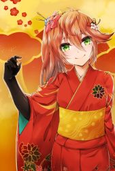 Rule 34 | 1girl, black gloves, blush, commentary request, elbow gloves, flower, gloves, green eyes, hair flower, hair ornament, head tilt, japanese clothes, kimono, kurage (11649021), leilan (p&amp;d), light blush, long hair, looking at viewer, orange hair, puzzle &amp; dragons, side ponytail, smile, solo