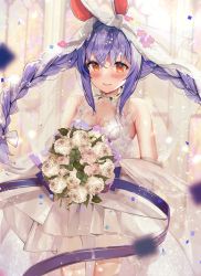 Rule 34 | 1girl, animal ears, blue hair, blush, bouquet, braid, breasts, commentary request, cowboy shot, dress, floating hair, flower, hair between eyes, haruhina purple, highres, holding, holding bouquet, hololive, long hair, parted lips, rabbit ears, red eyes, rose, short eyebrows, sleeveless, sleeveless dress, small breasts, smile, solo, standing, thick eyebrows, twin braids, twintails, usada pekora, veil, virtual youtuber, wedding dress, white dress, white flower, white rose
