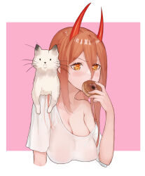 Rule 34 | 1girl, blush, breasts, cat, chainsaw man, cleavage, cross-shaped pupils, demon girl, demon horns, doughnut, eating, food, hair between eyes, highres, horns, large breasts, long hair, looking at viewer, meowy (chainsaw man), orange eyes, orange hair, power (chainsaw man), red horns, ringed eyes, shirt, short sleeves, single bare shoulder, symbol-shaped pupils, ura illust, white shirt