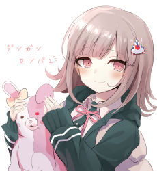 Rule 34 | 1girl, absurdres, backpack, bag, black jacket, black shirt, blush, closed mouth, collared shirt, commentary request, danganronpa (series), danganronpa 2: goodbye despair, dress shirt, flipped hair, grey background, hair ornament, highres, holding, hood, hood down, hooded jacket, jacket, light brown hair, looking at viewer, medium hair, monomi (danganronpa), nanami chiaki, neck ribbon, open clothes, open jacket, pink bag, pink eyes, pink ribbon, revision, ribbon, shirt, simple background, smile, solo, spaceship hair ornament, toshizou (0714), translation request, two-tone shirt, upper body, white background, white shirt