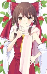Rule 34 | 1girl, absurdres, bare shoulders, berry, blush, bow, breasts, brown eyes, brown hair, closed mouth, detached sleeves, dress, frills, hair between eyes, hair bow, hair ornament, hair tubes, hakurei reimu, hand on own hip, hand up, highres, large bow, leaf, long sleeves, looking at viewer, medium breasts, necktie, pink scarf, red bow, red dress, scarf, short hair, smile, solo, standing, stigma1101, touhou, white background, wide sleeves, yellow eyes, yellow necktie