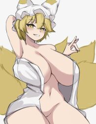 Rule 34 | 1girl, absurdres, animal ears, blonde hair, breasts, fox ears, fox tail, get2 audio, hat, highres, large breasts, navel, no bra, no panties, open clothes, open shirt, shirt, smile, tail, touhou, white shirt, yakumo ran, yellow eyes