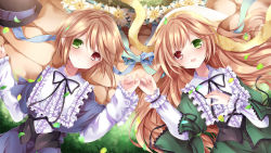 Rule 34 | 2girls, :d, blush, bow, brown hair, flower, frilled sleeves, frills, green eyes, hand on own chest, hat, heterochromia, long hair, long sleeves, looking at viewer, lying, multiple girls, neck ribbon, nogi takayoshi, on back, open mouth, pinky swear, red eyes, ribbon, rozen maiden, short hair, siblings, sisters, smile, souseiseki, suiseiseki, twins