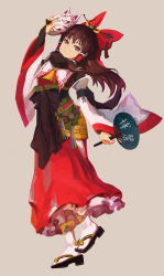 Rule 34 | 1girl, adapted costume, ascot, bell, bow, bridal gauntlets, brown gloves, brown hair, brown scarf, closed mouth, detached sleeves, dress, fox mask, gloves, hair bow, hair ornament, hair tubes, hakurei reimu, hanasai usagiko, hand fan, highres, holding, holding fan, holding mask, japanese clothes, jingle bell, long dress, long hair, looking at viewer, mask, obi, paper fan, red bow, red dress, red eyes, ribbon-trimmed collar, ribbon trim, sandals, sash, scarf, smile, socks, solo, standing, standing on one leg, touhou, white socks, wide sleeves