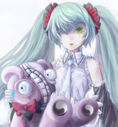 Rule 34 | 1girl, bandage over one eye, blue hair, collared shirt, detached sleeves, frilled shirt collar, frills, green eyes, hair ornament, hatsune miku, holding, holding stuffed toy, leaf (lily123402), looking at viewer, nail polish, necktie, shirt, sleeveless, sleeveless shirt, solo, stuffed animal, stuffed toy, teddy bear, teeth, tsumi to batsu (vocaloid), twintails, vocaloid
