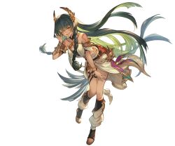 1girl braid dark-skinned_female dark_skin granblue_fantasy green_hair horus_(granblue_fantasy) long_hair official_art second-party_source sidelocks smile solo tattoo teeth upper_teeth_only