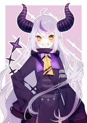 Rule 34 | 1girl, ahoge, ascot, black coat, blush, braid, braided bangs, chiyomaru (yumichiyo0606), coat, collar, demon horns, fang, fangs, flat chest, grey hair, hair between eyes, hand on own hip, highres, hololive, horns, jacket, la+ darknesss, la+ darknesss (1st costume), long hair, long sleeves, looking at viewer, metal collar, multicolored hair, pointy ears, purple background, purple coat, purple hair, purple jacket, sleeves past fingers, sleeves past wrists, smile, solo, sparks, streaked hair, striped horns, tail, teeth, very long hair, virtual youtuber, wide sleeves, yellow ascot, yellow eyes