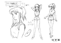 Rule 34 | 1girl, absurdres, character sheet, from behind, full body, greyscale, highres, monochrome, multiple views, neon genesis evangelion, official art, production art, retro artstyle, sadamoto yoshiyuki, short shorts, shorts, simple background, turnaround, white background, zip available