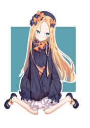 Rule 34 | 1girl, abigail williams (fate), absurdres, black bow, black dress, black footwear, black hat, blonde hair, bloomers, blue background, blue eyes, blush, bow, bug, butterfly, closed mouth, commentary request, dress, duzi teng, fate/grand order, fate (series), forehead, full body, hair bow, hat, head tilt, highres, insect, long hair, long sleeves, looking to the side, mary janes, orange bow, parted bangs, polka dot, polka dot bow, shoes, sitting, sleeves past wrists, solo, stuffed animal, stuffed toy, teddy bear, two-tone background, underwear, v-shaped eyebrows, very long hair, wariza, white background, white bloomers