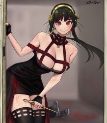 Rule 34 | 1girl, 1other, absurdres, black dress, black gloves, black hair, black thighhighs, blood, blood on clothes, blood on face, breasts, cleavage, dagger, dismaiden, dress, earrings, fingerless gloves, gloves, gold earrings, gold hairband, hairband, highres, holding, holding dagger, holding knife, holding weapon, implied death, jewelry, knife, large breasts, looking at viewer, red dress, red eyes, smile, solo focus, spy x family, stiletto (weapon), thighhighs, two-sided dress, two-sided fabric, weapon, yor briar