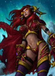 Rule 34 | 1girl, alexstrasza, armband, armor, bad id, bad pixiv id, bikini armor, boots, cape, claws, elune (artist), gauntlets, glowing, glowing eyes, horn ornament, horn ring, horns, long hair, midriff, orange eyes, red hair, solo, thigh boots, thigh strap, thighhighs, warcraft, world of warcraft