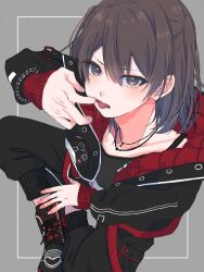 Rule 34 | 1girl, black footwear, black jacket, black pants, brown eyes, brown hair, cosplay, hair between eyes, jacket, jewelry, kantai collection, kisaragi ren (vtuber), kisaragi ren (vtuber) (cosplay), looking at viewer, necklace, open clothes, open jacket, pants, rinto (rint rnt), sendai (kancolle), shoes, simple background, sitting, sneakers, solo, tongue, tongue out, virtual youtuber, vspo!