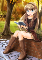 Rule 34 | 1girl, :d, autumn, blue eyes, book, boots, brick, brick wall, brown hair, cobblestone, collarbone, deza, earmuffs, grass, holding, holding book, idolmaster, knee boots, knees together feet apart, lace, legs, light rays, long hair, long sleeves, looking at viewer, migiko, open mouth, outdoors, shirt, sitting, skirt, smile, solo, sunbeam, sunlight, tree, wall