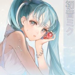 Rule 34 | 1girl, blue eyes, blue hair, bracelet, character name, food, fruit, hatsune miku, jewelry, long hair, looking at viewer, parted lips, rumoon, shirt, solo, strawberry, sweat, twintails, very long hair, vocaloid, white shirt