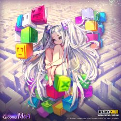 Rule 34 | 1girl, cube, destiny child, hair ornament, hugging own legs, knees up, long hair, moa (destiny child), nude, purple eyes, rubik&#039;s cube, silver hair, sitting, twintails