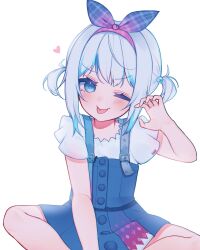 Rule 34 | 1girl, absurdres, beads, blue eyes, blue hair, blue overalls, closed mouth, dot nose, gawr gura, gawr gura (casual), hair beads, hair ornament, hairband, heart, highres, hololive, hololive english, li nauu, light blush, looking at viewer, medium hair, one eye closed, overalls, short sleeves, short twintails, sidelocks, simple background, sitting, smile, solo, tongue, tongue out, twintails, virtual youtuber, white background, white hair