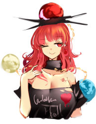 Rule 34 | 1girl, closed mouth, hecatia lapislazuli, highres, medium hair, one eye closed, raptor7, red eyes, red hair, simple background, smile, solo, touhou, white background