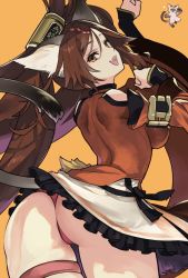 Rule 34 | 1girl, 1other, animal ears, ass, breasts, brown hair, cat, cat ears, cat tail, china dress, chinese clothes, dress, guilty gear, guilty gear xrd, hair ornament, jako (toyprn), kuradoberi jam, long hair, open mouth, orange background, panties, pink panties, skirt, smile, tail, thong, twintails, underwear, yellow eyes