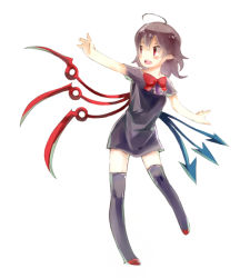 Rule 34 | 1girl, asymmetrical wings, black hair, black thighhighs, blush, blush stickers, bow, bowtie, dress, fang, full body, houjuu nue, kukkuru, open mouth, red eyes, red footwear, ribbon, shoes, short hair, simple background, smile, solo, thighhighs, touhou, white background, wings