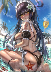 Rule 34 | 1girl, ahoge, alternate costume, ass, bare shoulders, barefoot, bikini, black hair, blue archive, blush, bow, bow bikini, breasts, commentary request, dark-skinned female, dark skin, detached sleeves, enmaided, feet, frilled bikini, frills, highres, himonoata, holding, holding tray, karin (blue archive), large breasts, legs, long hair, looking at viewer, maid, maid bikini, maid headdress, outdoors, puffy short sleeves, puffy sleeves, short sleeves, soles, solo, starfish, swimsuit, tray, unconventional maid, water, wet, yellow eyes