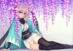 Rule 34 | &gt;:), 1girl, ahoge, arm guards, arm support, arm up, barefoot, black footwear, black ribbon, black scarf, blonde hair, blurry, boots, bow, closed mouth, commentary request, depth of field, eyebrows, eyelashes, fate (series), flower, gradient background, hair between eyes, hair ribbon, jacket, japanese clothes, kimono, koha-ace, leaning to the side, long sleeves, looking at viewer, okita souji, okita souji (fate), okita souji (koha-ace), open clothes, open jacket, plant, ribbon, sash, scarf, shinsengumi, shiny skin, short hair, short kimono, sitting, smile, solo, thigh boots, thigh gap, thighhighs, thighs, toeless legwear, tsurime, v-shaped eyebrows, white bow, white kimono, wide sleeves, wisteria, yellow eyes, yonakaforever, zettai ryouiki