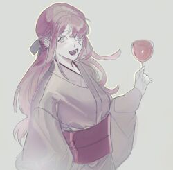 Rule 34 | 1girl, black bow, bow, candy apple, food, gauze over eye, grey kimono, hair bow, hand up, japanese clothes, kimono, limbus company, long hair, long sleeves, open mouth, patchfire, pink hair, project moon, red sash, sash, smile, solo, wide sleeves, yuri (project moon)