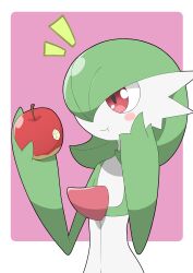 Rule 34 | 1girl, :t, apple, araki megami, blush, blush stickers, bob cut, border, chewing, closed mouth, colored skin, creatures (company), eating, female focus, flat chest, food, food bite, fruit, game freak, gardevoir, gen 3 pokemon, green hair, green skin, hair over one eye, hand on own cheek, hand on own face, hands up, holding, holding food, holding fruit, multicolored skin, nintendo, notice lines, one eye covered, outside border, pink background, pokemon, pokemon (creature), red eyes, short hair, simple background, solo, standing, two-tone skin, upper body, white border, white skin