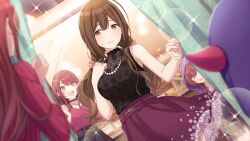 Rule 34 | 3girls, ahoge, alstroemeria (idolmaster), bare arms, bare shoulders, belt, breasts, brown eyes, brown hair, choker, clenched hand, curtain grab, curtains, demon hood, fitting room, floral print, frilled skirt, frills, hair between eyes, hair ornament, hair scrunchie, highres, hood, horned hood, horns, idolmaster, idolmaster shiny colors, idolmaster shiny colors song for prism, indoors, jewelry, kuwayama chiyuki, large breasts, long hair, looking at another, low twintails, mirror, multiple girls, necklace, official alternate costume, official alternate hairstyle, official art, open mouth, osaki amana, osaki tenka, pearl necklace, scrunchie, shirt, skirt, sleeveless, sleeveless shirt, smile, standing, sweatdrop, trying on clothes, twintails