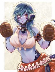 Rule 34 | 1girl, absurdres, akira-tama, au ra, warrior of light (ff14), beer mug, bikini, bikini top only, black horns, blue hair, breasts, cleavage, colored skin, cup, dragon girl, dragon horns, dragon tail, fictional persona, final fantasy, final fantasy xiv, grey skin, hair between eyes, hair over shoulder, highres, holding, holding cup, horns, huge filesize, jewelry, large breasts, long hair, looking at viewer, mug, navel, necklace, sarong, scales, solo, swimsuit, tail, white bikini, yellow eyes