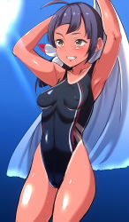 Rule 34 | ahoge, armpits, asymmetrical bangs, black hair, black one-piece swimsuit, blunt bangs, brown eyes, chirashi (so), commentary request, competition swimsuit, covered erect nipples, covered navel, cowboy shot, fujinami (kancolle), hair ribbon, highleg, highleg swimsuit, highres, kantai collection, long hair, multicolored clothes, multicolored swimsuit, one-piece swimsuit, one-piece tan, presenting armpit, ribbon, side ponytail, swimsuit, tan, tanline, towel, white ribbon